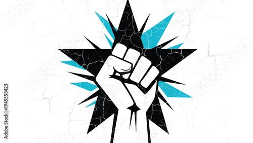 Black silhouette of a raised fist in front of a sharp geometric star and teal splatters on a distressed white cracked background.