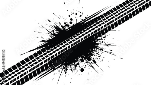 Bold black tire tracks crossing diagonally over a large messy ink splatter on a clean white background for automotive design.