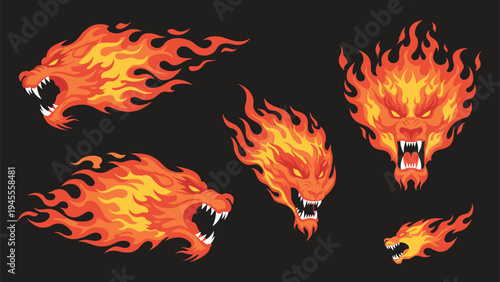 Set of aggressive flaming wolf head illustrations in various angles featuring vibrant orange and yellow fire on a dark background.