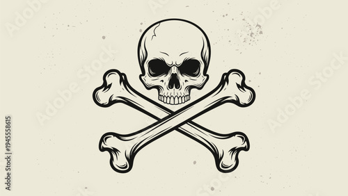 Detailed illustration of a human skull with crossbones in a vintage hand-drawn style on a textured cream background for decor.