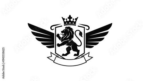 Royal heraldic emblem featuring a lion rampant within a shield flanked by wings and topped with a crown above a blank ribbon.