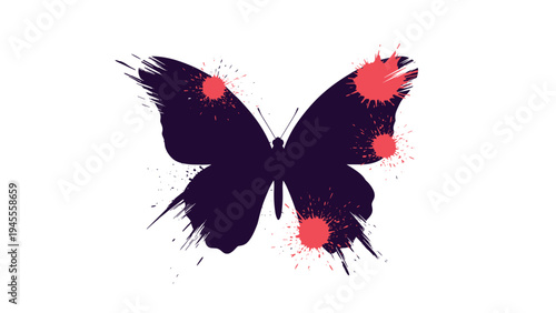 Black butterfly silhouette decorated with large red paint splatters and artistic drips on a clean white background for art.