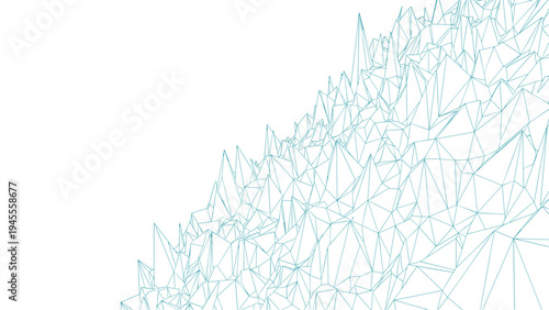 Abstract low poly geometric mesh structure composed of thin teal lines forming a complex crystalline mountain on a white backdrop.