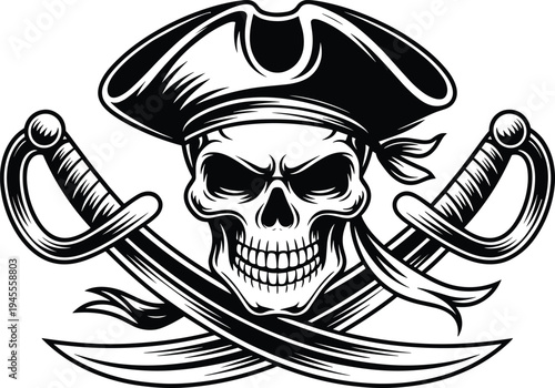 Pirate skull with crossed swords, vintage buccaneer emblem, jolly roger symbol, dangerous sea outlaw mascot, black vector illustration