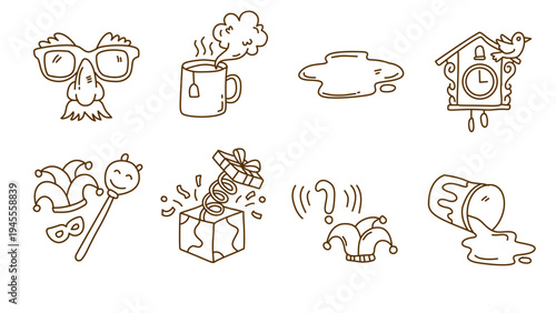 April fools day joke elements in brown line art for holiday design