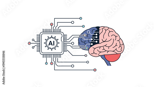 Illustration of a human brain connected to an artificial intelligence computer chip via various circuit lines on white.