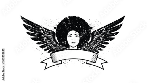 Black and white illustration of a woman with a large afro and majestic wings featuring a blank banner ribbon for custom text.