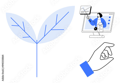Sustainability concept. Sustainability ed by a growing plant alongside digital education elements thumbs up online learning and interactive tools. Sustainability merging nature with technology. Great