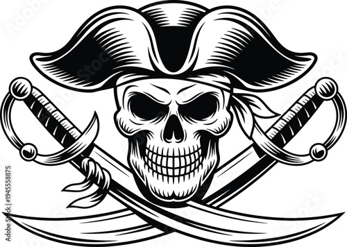 Pirate skull with crossed swords, jolly roger emblem, vintage buccaneer symbol, dangerous sea outlaw mascot, black vector illustration