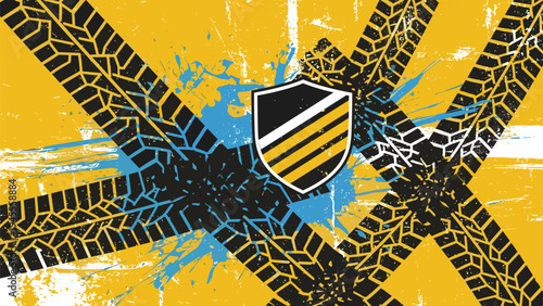 Shield emblem placed over a background of crossed black tire tracks and blue paint splatters on a textured yellow surface.