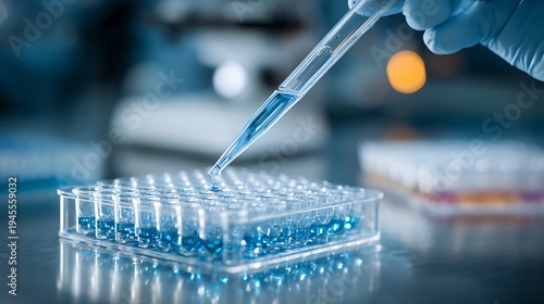 Laboratory scientist using pipette for biotechnology testing and medical research in modern scientific laboratory.