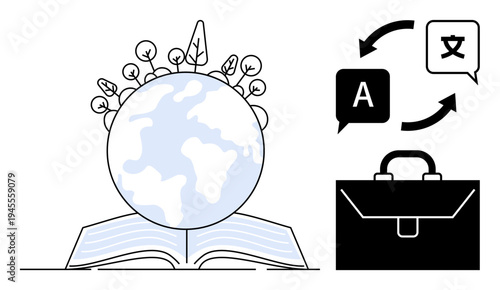 Global communication, education, knowledge sharing, translation services, cultural exchange, career tools. Earth and book signify learning. Translation and education communication and knowledge