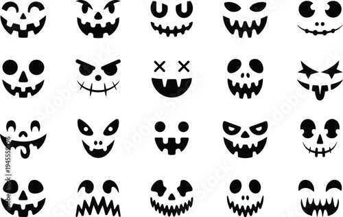 Halloween pumpkin faces set, spooky jack o lantern expressions, scary cartoon icons collection, creepy holiday symbols, black silhouette vector illustration