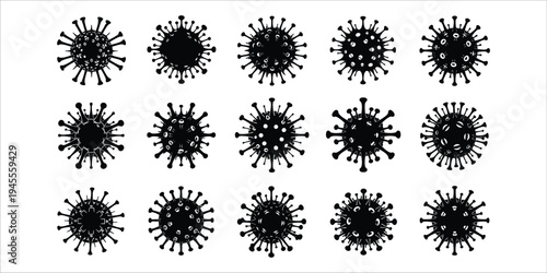 Collection of 2d illustrations of black virus particles on white background