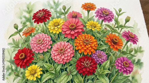 Vibrant Zinnia Flowers in Full Bloom with Rich Colors and Lush Greenery