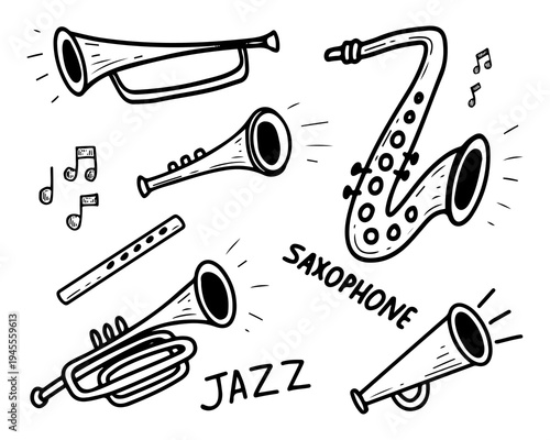Set of wind musical instruments. Vector sketch, hand drawn. Saxophone, trumpet, trombone, flute. Symphony orchestra. Ensemble accompaniment. Line art graphic illustration.