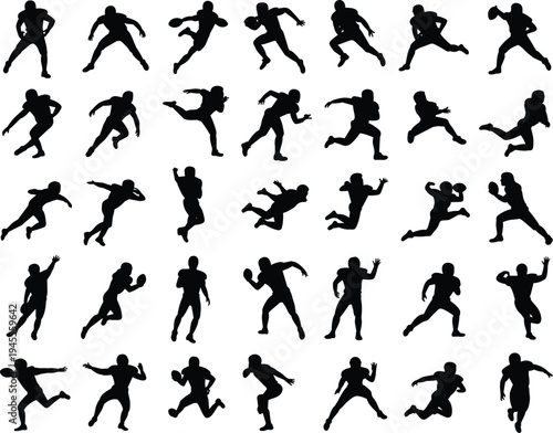 football, american, sport, player, silhouette, athlete, running, action, team, game, training, competition, vector, illustration, black, isolated, movement, fitness, touchdown, tackle