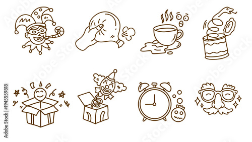 Brown line art doodles of celebration and prank elements for april fools