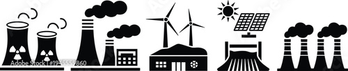 energy, power, industry, factory, electricity, renewable, solar, wind, nuclear, plant, pollution, industrial, silhouette, vector, illustration, black, environment, technology, generation, 