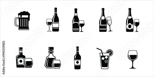 Collection of various alcoholic beverages and drinkware