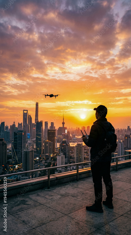 Fototapeta premium Silueta de persona pilotando un dron frente al skyline urbano al atardecer. Concepto de tecnología, innovación y fotografía aérea.