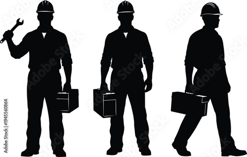 Construction worker silhouettes with toolbox and wrench wearing safety helmet industrial labor builder technician isolated vector illustration set