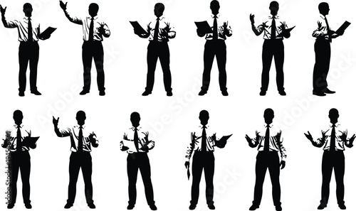 Businessman silhouette set presenting and speaking with document, corporate professional gestures collection, black office people vector illustration isolated