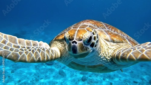 Sea turtle swimming in blue ocean.