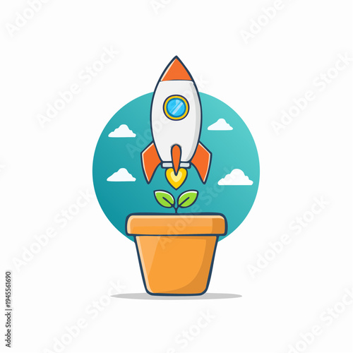 Colorful cartoon rocket taking off with flames and a blue background
