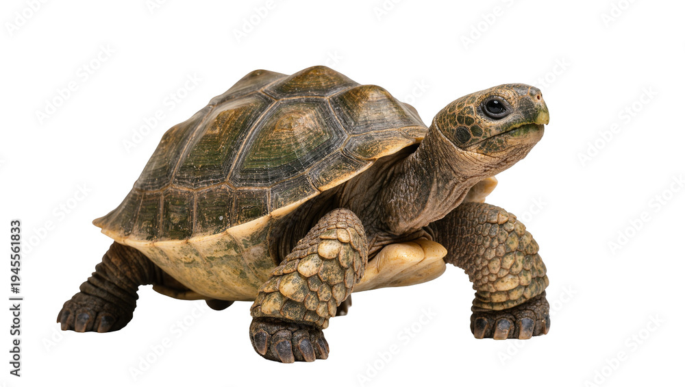 Obraz premium Isolated young tortoise standing, full body profile view, shelled reptile, slow moving animal