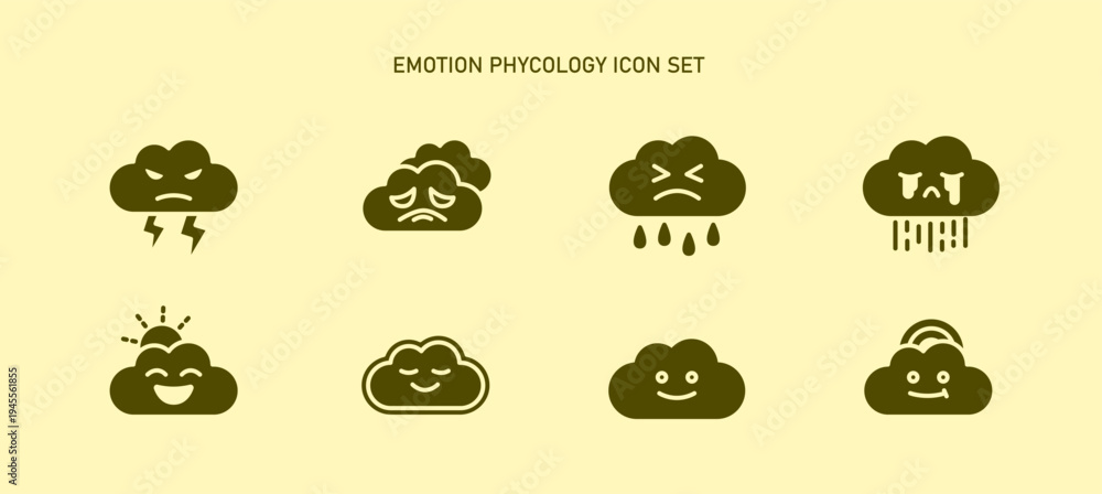 Obraz premium psychology emotion feeling within cloud cartoon icon set for mental health include smile joyful face, angry, mindfulness, sad, relax, anxiety, confident, depression. emoticon weather glyph icons
