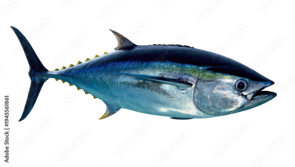 Fototapeta premium Isolated fresh whole bluefin tuna fish side view studio shot ready for seafood preparation