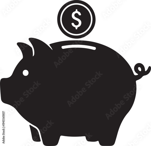 Piggy bank icon with coin drop, savings business logo silhouette in silhouette on white background.