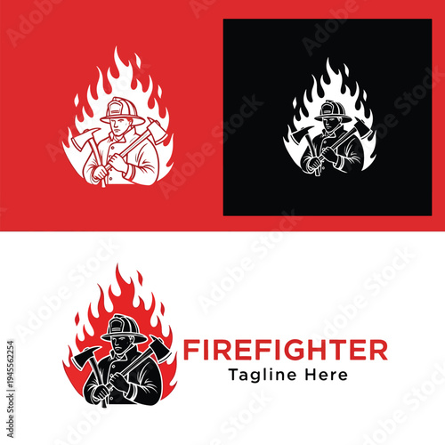 Brave Firefighter Emblem with Axes and Flames, Vector Illustration for Emergency Services Logo Design