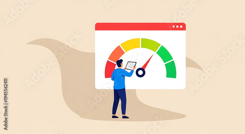 Person analyzing performance gauge in office setting with technology