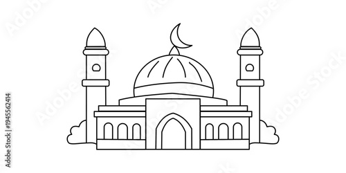 Vector illustration of a mosque with two minarets and a dome, representing Islamic architecture and religious buildings