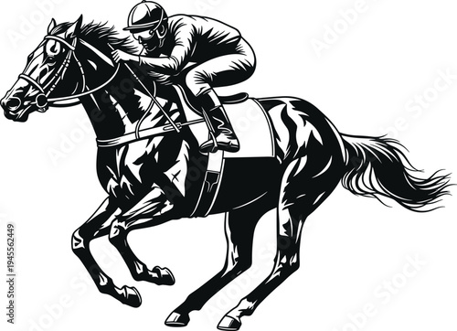 Horse racing jockey riding fast racehorse sport competition galloping equestrian athlete isolated black vector illustration dynamic racing action