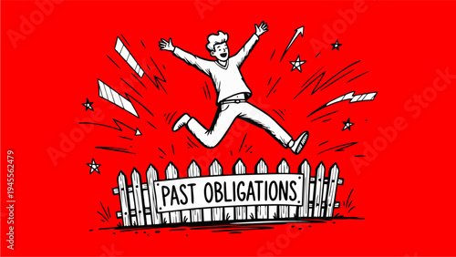 Man Triumphantly Jumping Over a Fence Labeled Past Obligations with Excitement