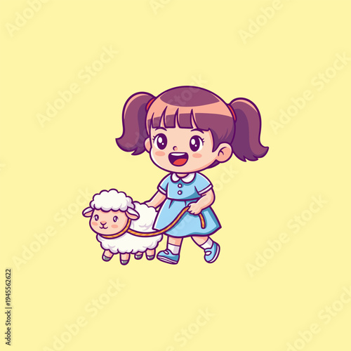 Girl Walking a Sheep Illustration Eid Adha