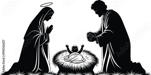 Nativity scene silhouettes Mary Joseph baby Jesus in manger holy family Christmas birth of Christ religious vector illustration