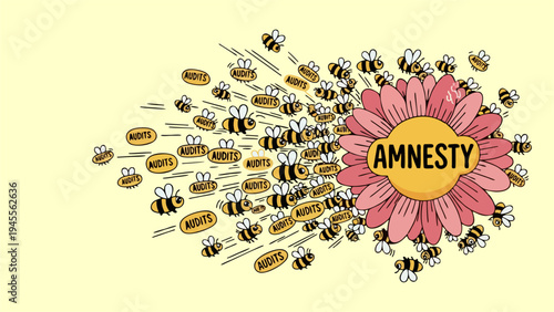 Cartoon Bees Swarming Towards Flower Labeled AMNESTY Concept Illustration
