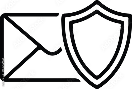 Secure Email Envelope Icon with Shield, Outline envelope icon with a shield symbol representing protected email, secure messaging, privacy protection, or cybersecurity in digital communication.