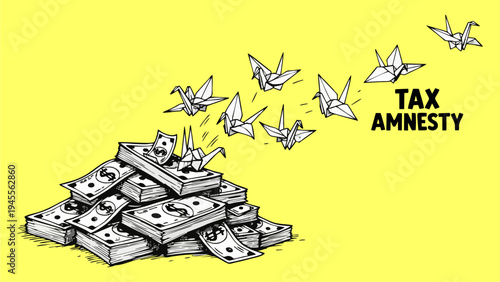 Conceptual Illustration of Tax Amnesty Paper Cranes Flying from a Pile of Money