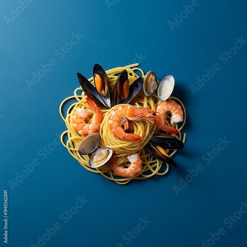 Elaborate Seafood Pasta Dish with Mussels and Shrimp on Blue Background