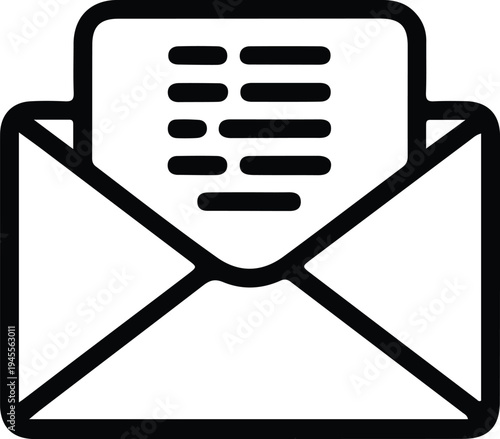 Open Email Envelope with Message Text Icon, Minimal outline icon of an open envelope with message text lines representing reading email, inbox message content, or digital mail communication.