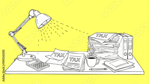 Hand Drawn Illustration of Overwhelming Tax Documents Under a Desk Lamp for Filing Season