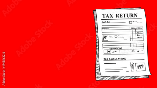 Hand Drawn Tax Return Form on Bright Red Background with Copy Space