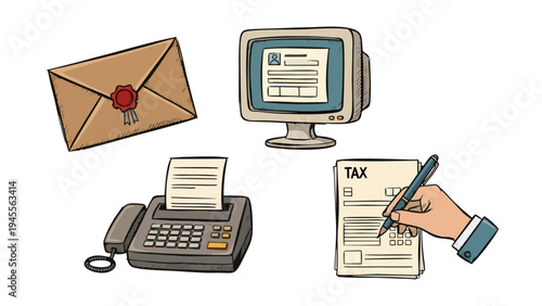 Communication and Documentation Evolution Mail Fax Computer Form and Tax Paperwork Illustration