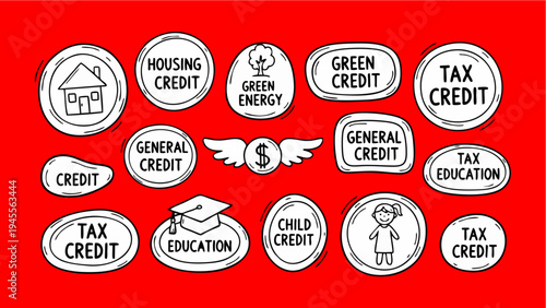 Doodle Collection of Various Tax Credits and Financial Benefits Illustration on Red Background