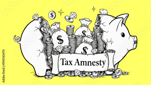 Broken Piggy Bank Overflowing with Money and Gems Tax Amnesty Concept Illustration